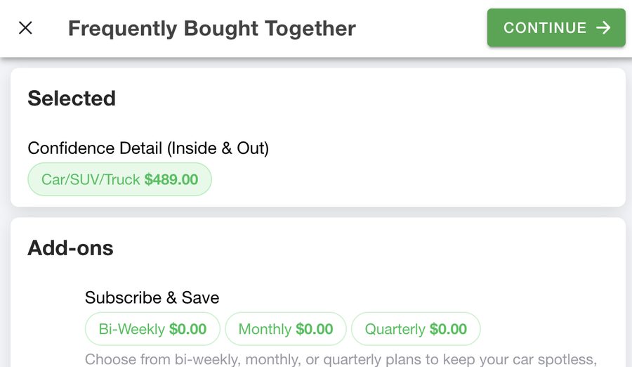 Frequently bought together add-ons screen in the booking app