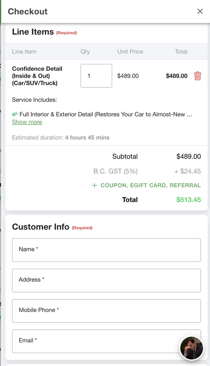 Checkout page with customer info form in the booking app